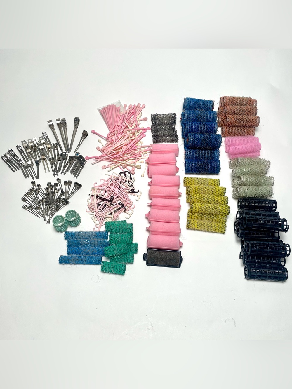 Vintage Hair Styling Lot Wire Mesh Brush Rollers Foam Curlers Metal Clips Pins